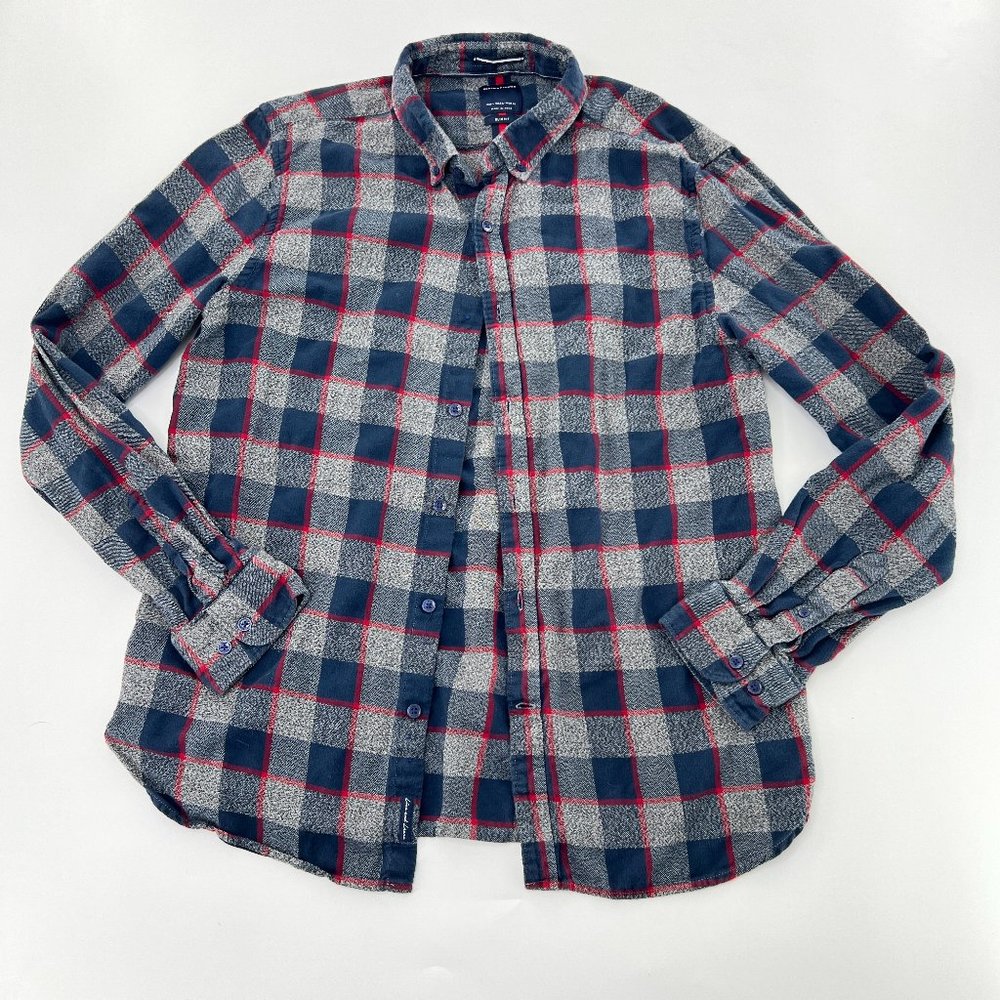 Denim & Flower Mens Large Gray Shirt Long Sleeve Button Up Slim Fit Plaid Casual